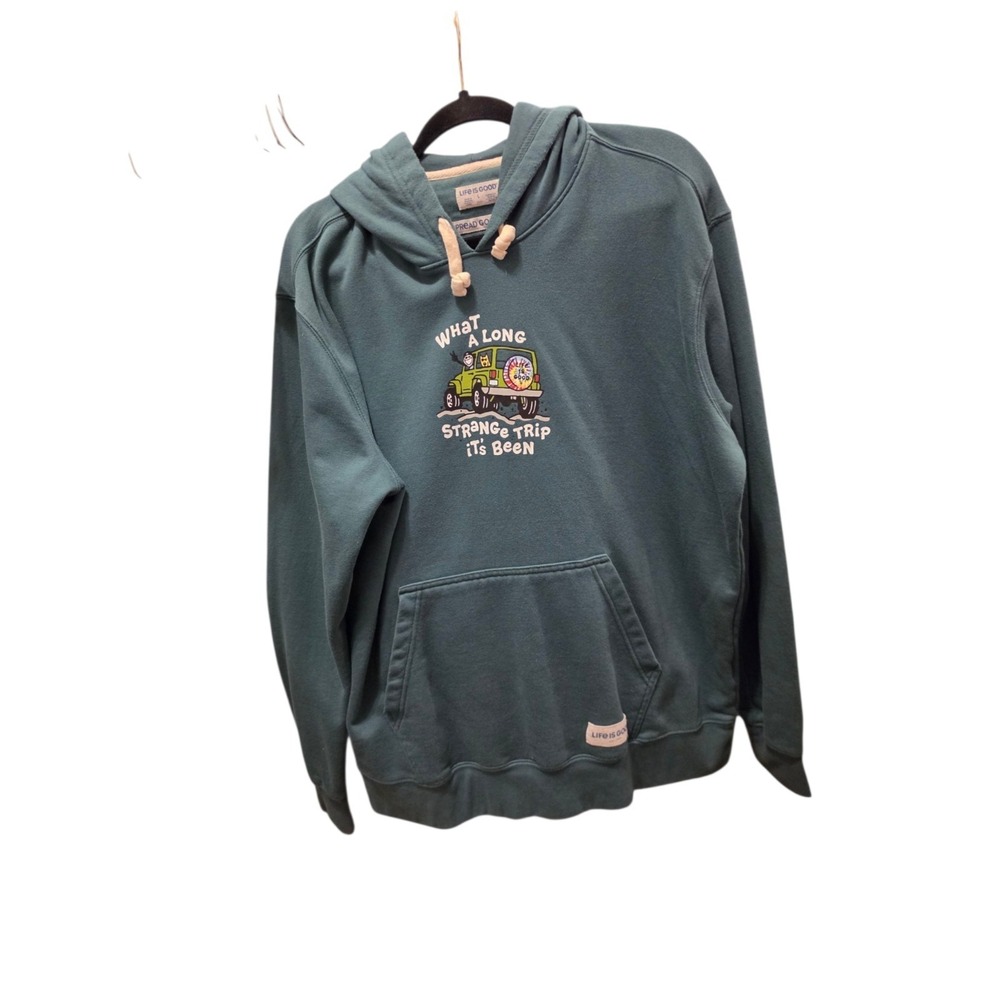 LIFE IS GOOD SOFT‎ & WARM MENS FLEECE  HOODIE   "LONG STRANGE TRIP..." (L)